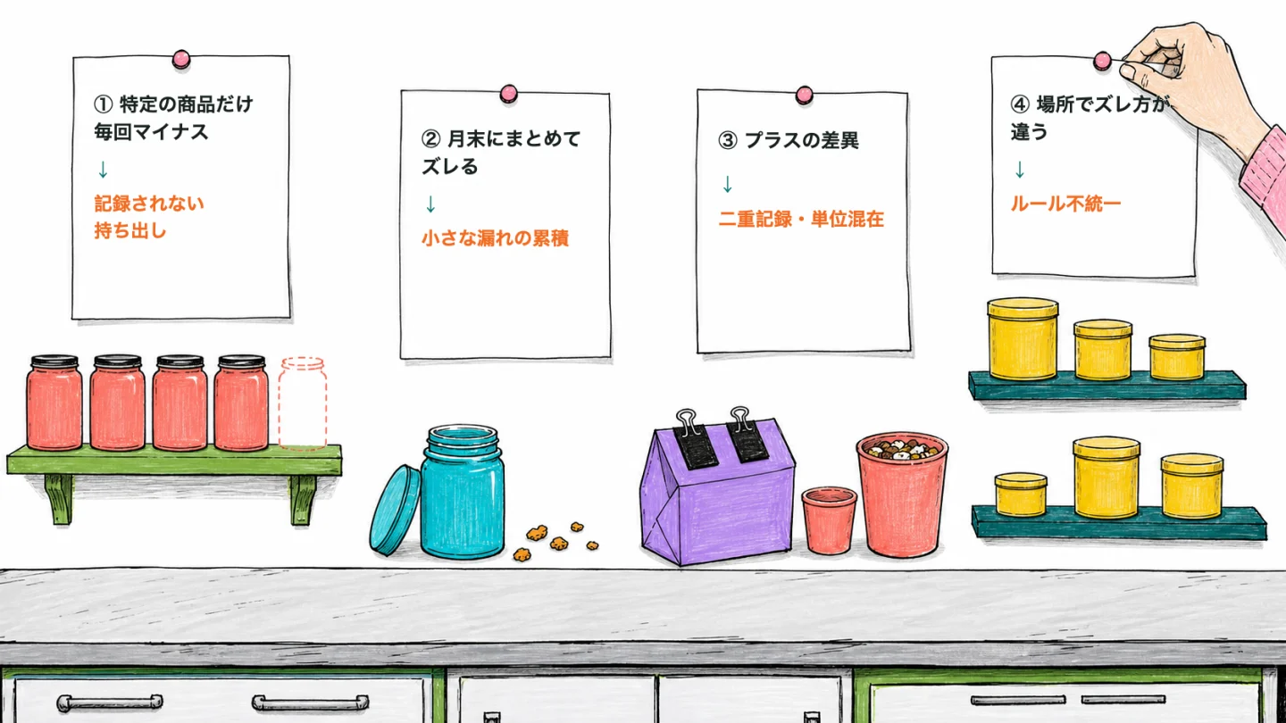 在庫差異の4症状と原因を、作業壁の4枚のメモと使用後の物で示した診断図