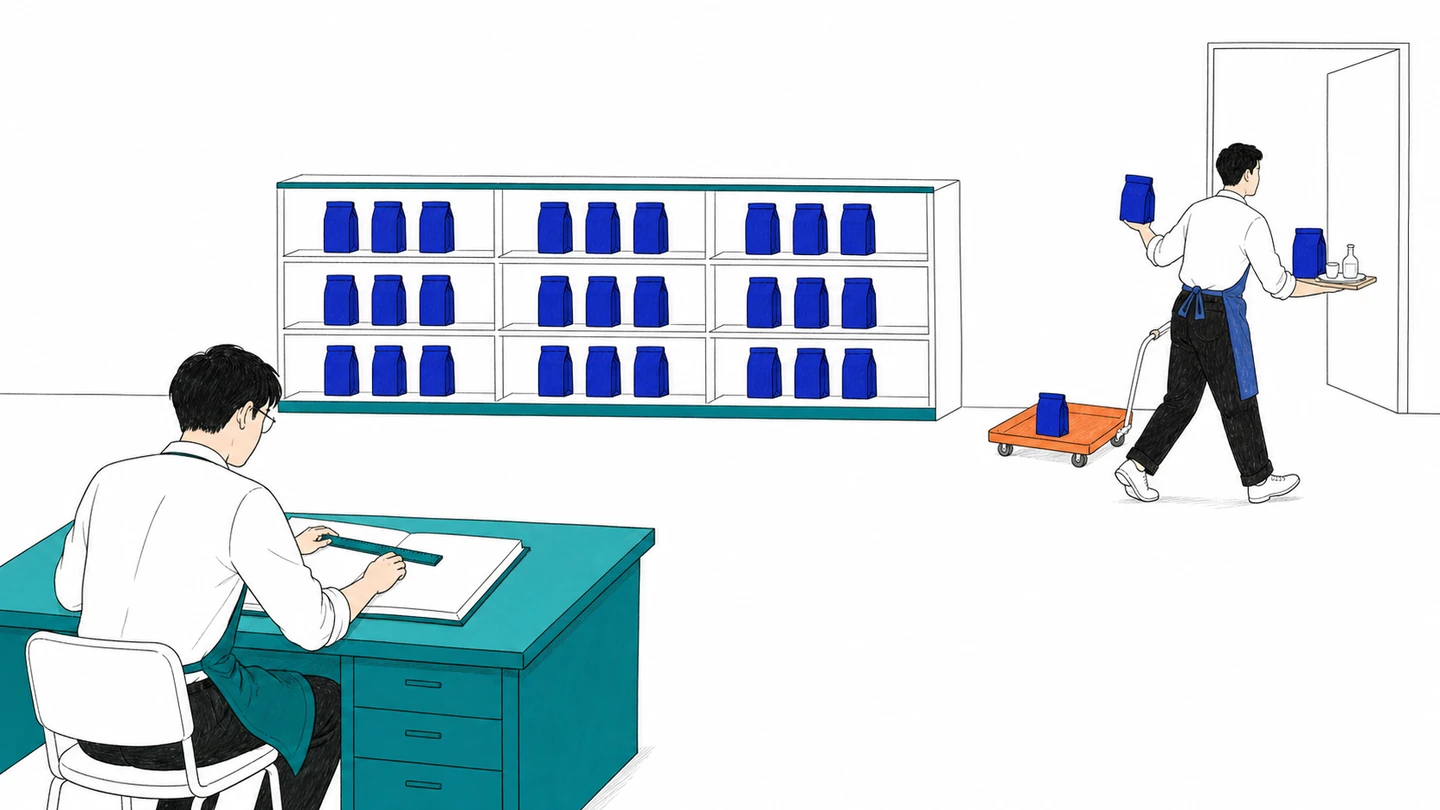 帳簿を整える担当者の背後で3つの商品が日常的な経路へ移動する場面