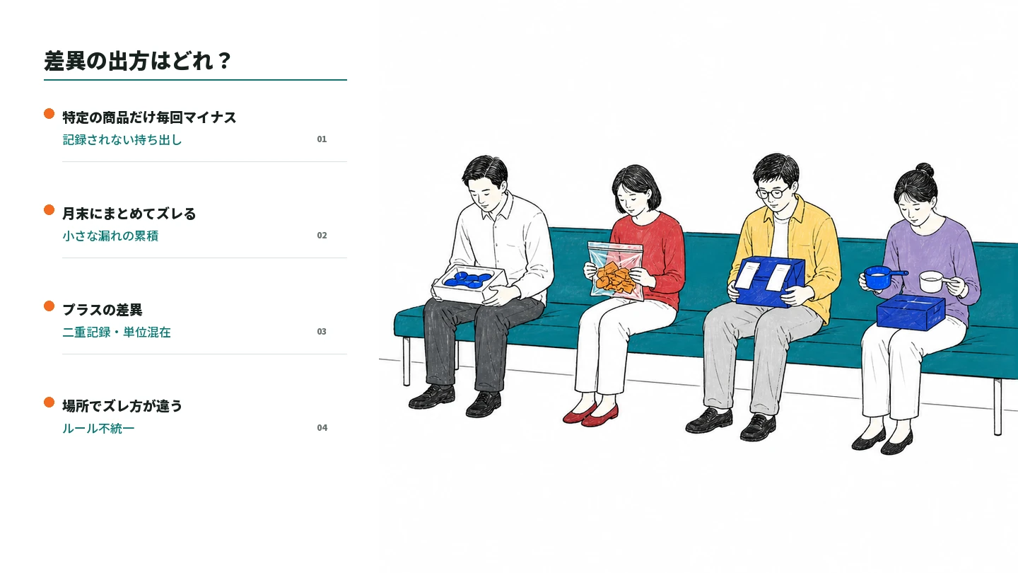 4人の相談者と、差異の出方4種類を示す正確な日本語の欄外情報