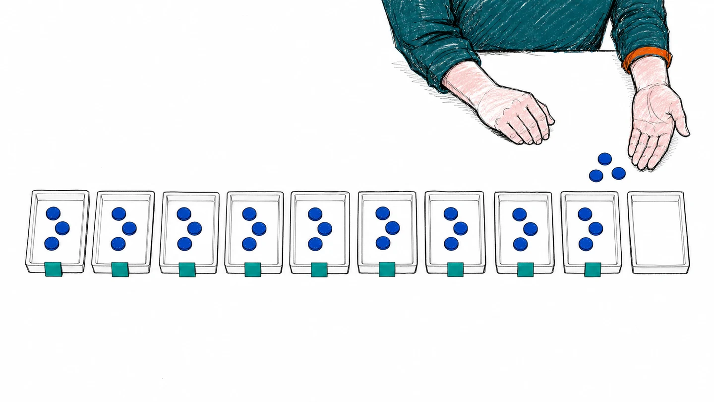 9つのトレイに3個ずつ入り、残り3個を最後の空トレイへ移す手元