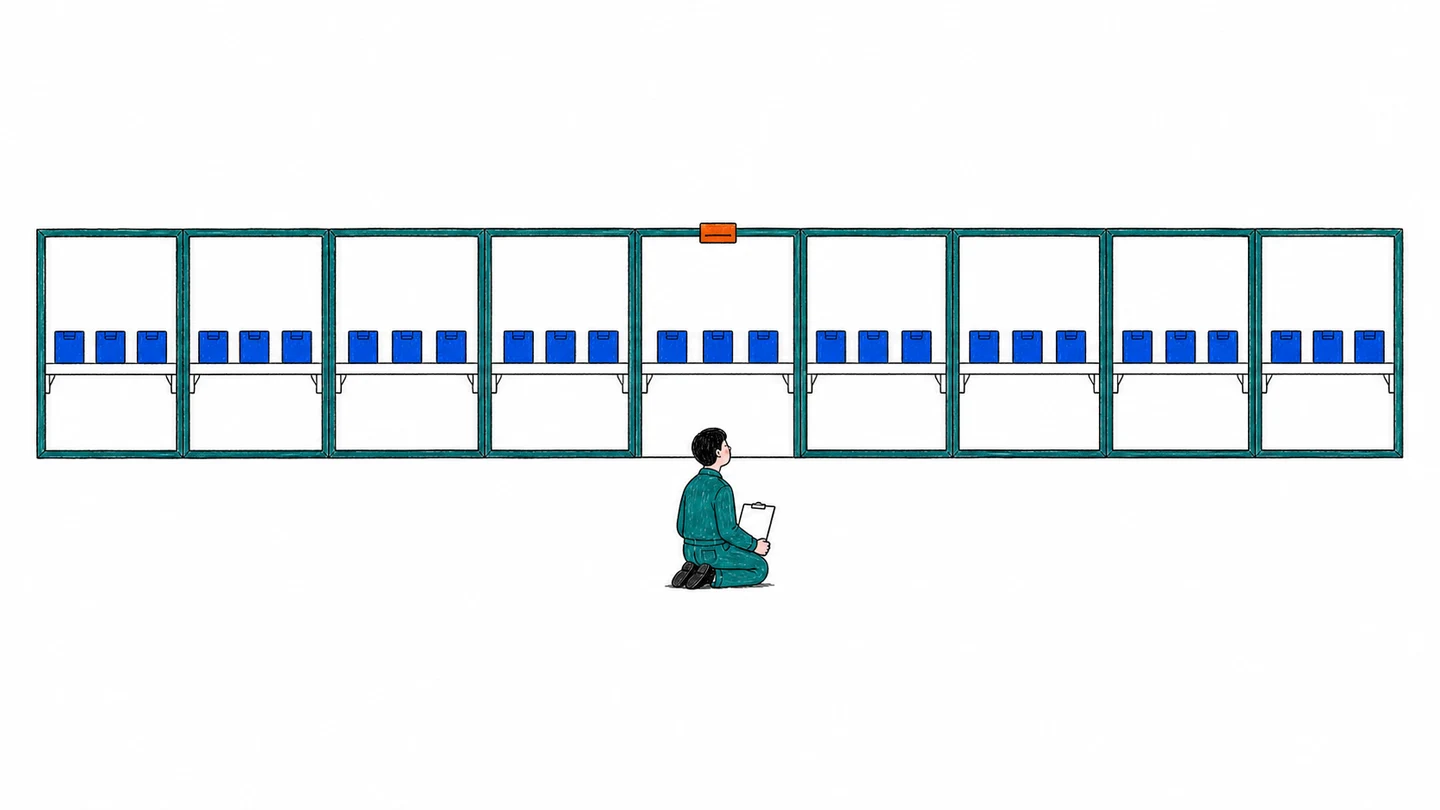 9区画に3箱ずつ並び、中央の1区画だけを作業員が確認する場面