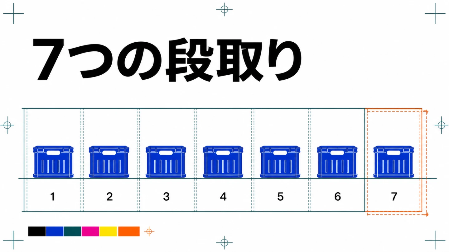 7つの段取りという見出しと、1から7の校正パネルを並べた工程図