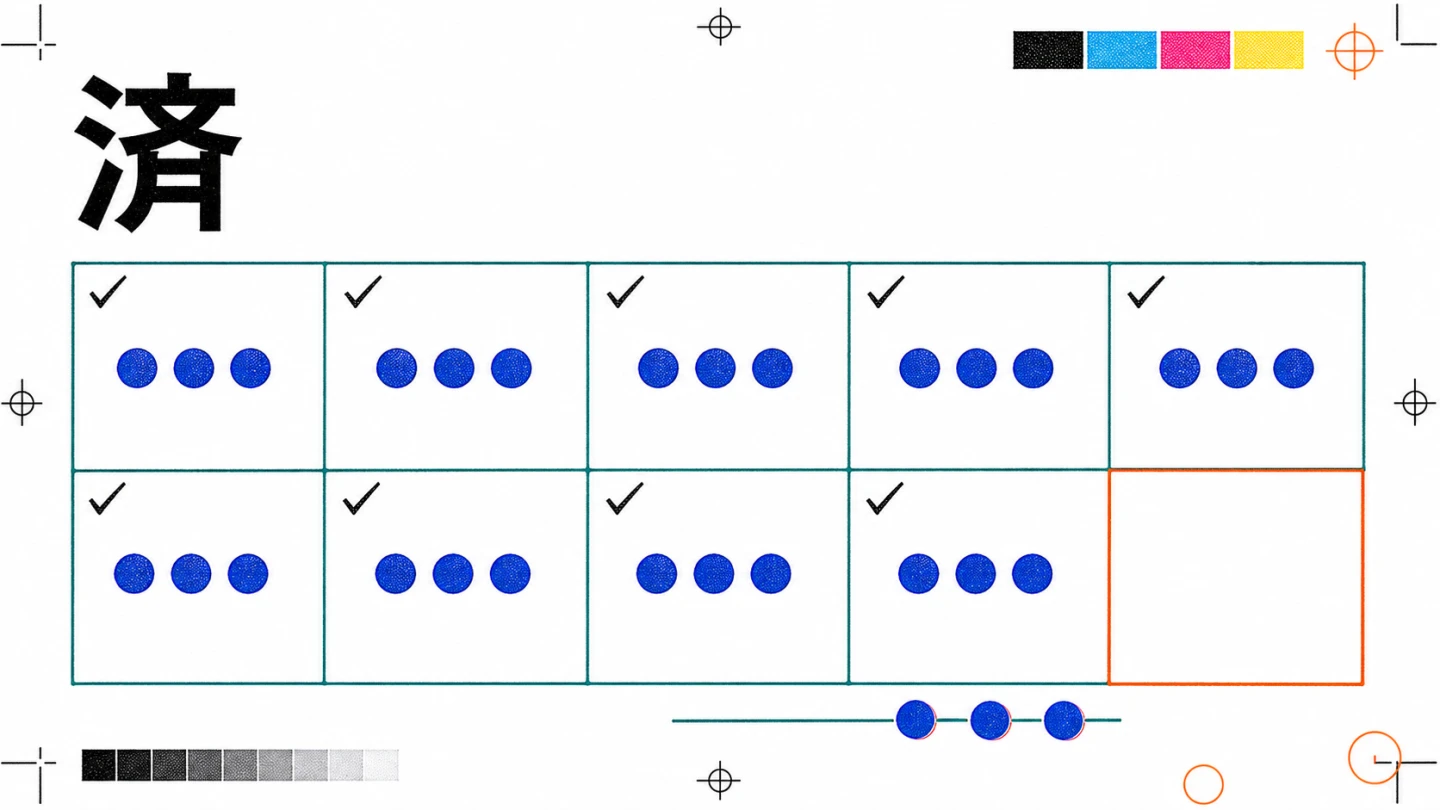 済の大文字と、9つの完了枠、空の1枠、移動中の3点を描いた校正グリッド