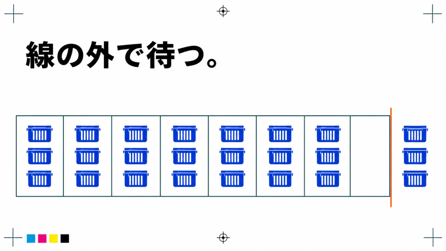線の外で待つという見出しと、7区画の内側21箱、空区画、外側3箱を描いた図