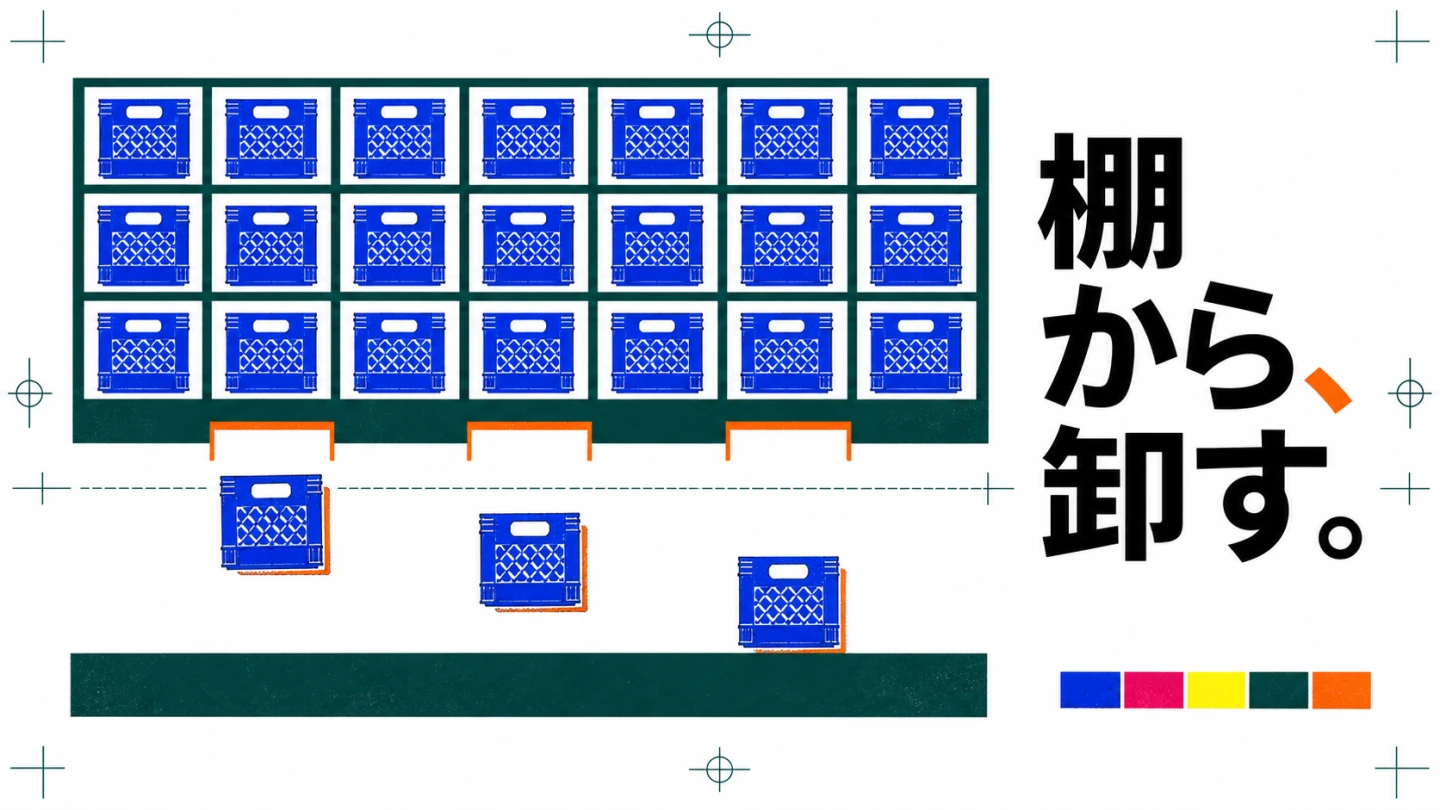 棚から卸すという大見出し、3行7列の棚と下へ降りる3箱を描いたIDEA系カバー