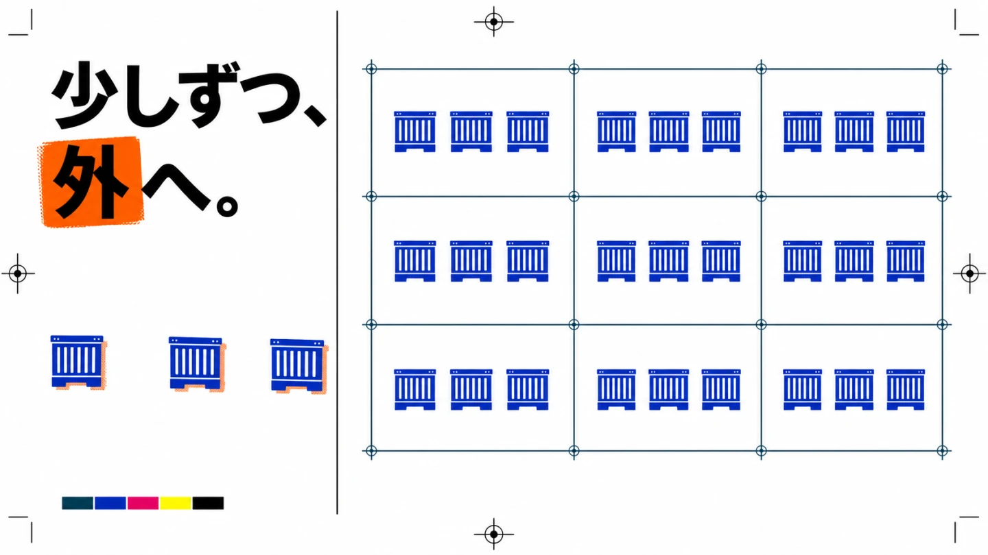 少しずつ外へという見出し、3行3列の27箱と左へ離れる3箱を描いたIDEA系カバー