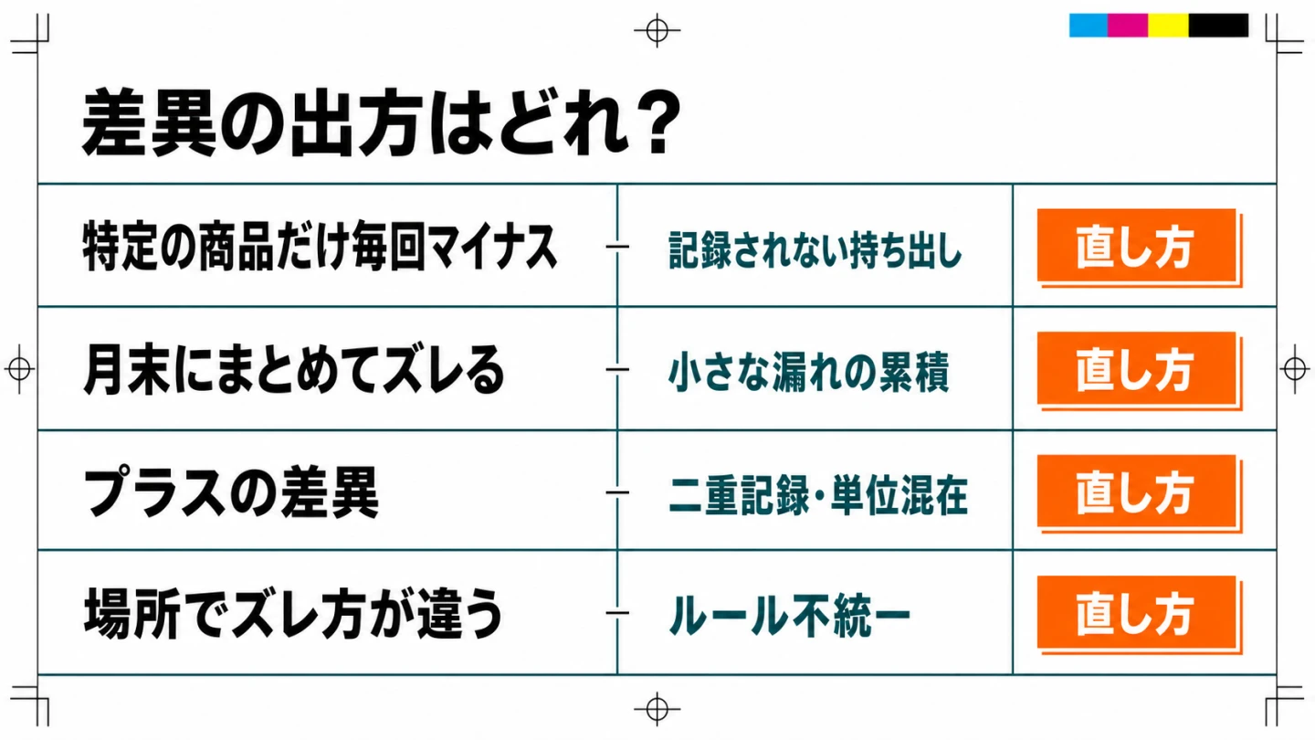 差異の出方はどれという問いから、4つの症状、原因、直し方を並べた診断図