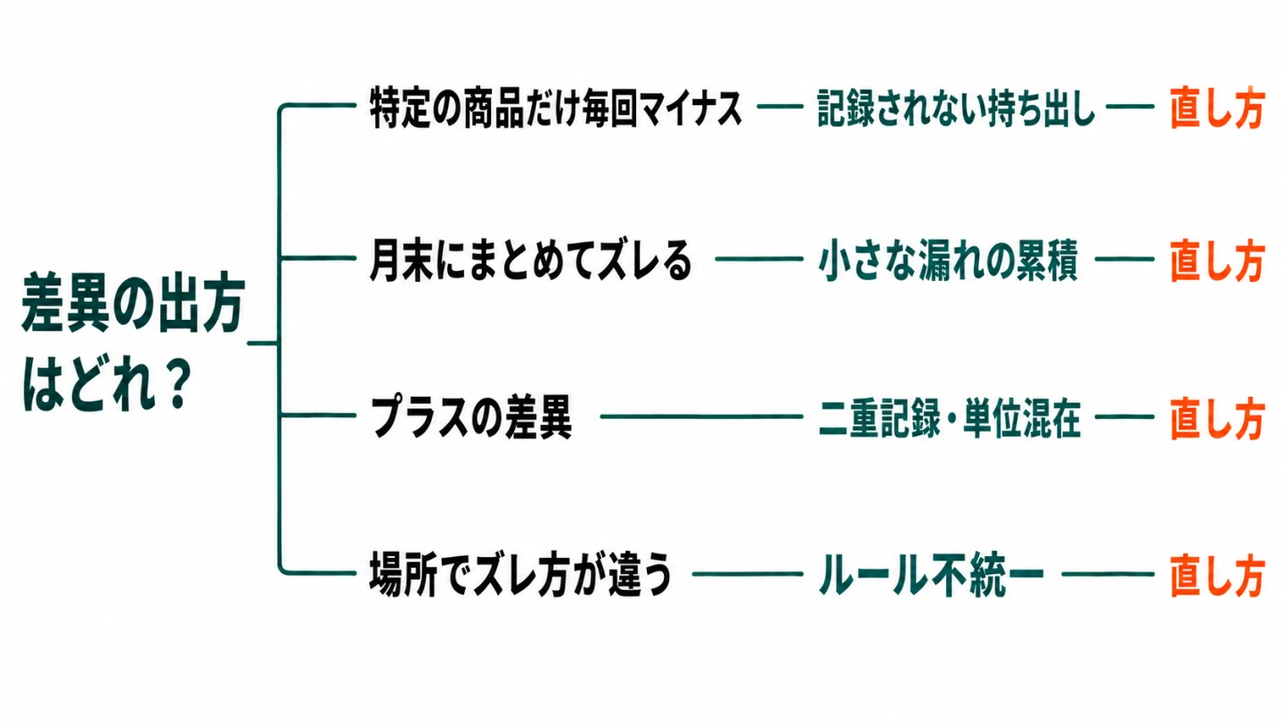 差異の出方を4つの症状から原因と直し方へ分岐させた日本語の診断図。