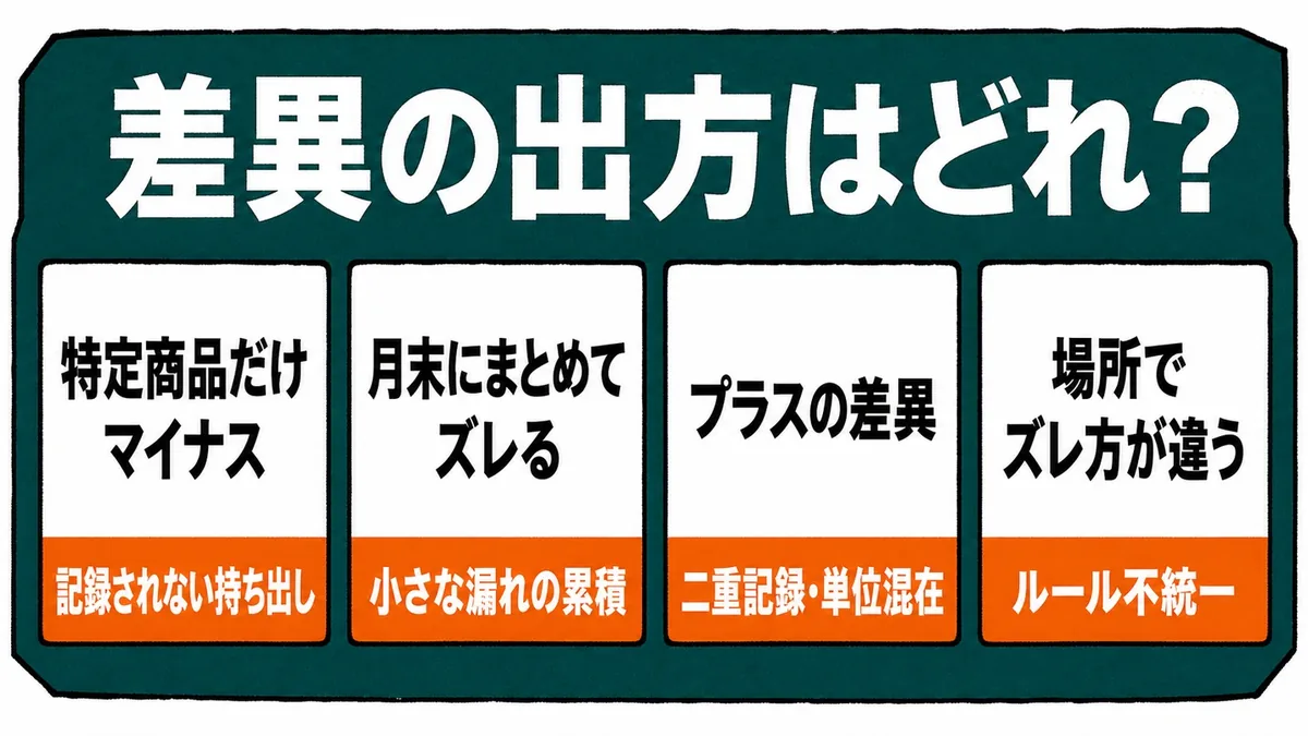 差異の出方はどれという問いと、四つの症状と原因を示した診断盤