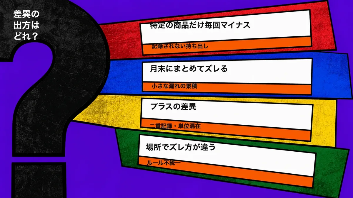 巨大な黒い疑問符から四色の帯が伸び四つの差異症状と原因を示す診断図